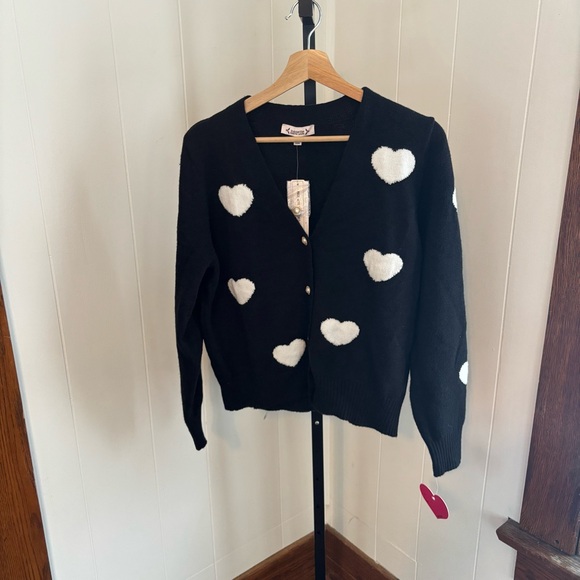 Nanette Lepore NWT Black White Heart Print Button Cardigan Women L Dark Romantic - Picture 2 of 10